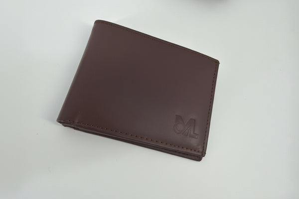 A dark brown leather bi-fold wallet with an embossed logo on the front, shown on a plain white background.