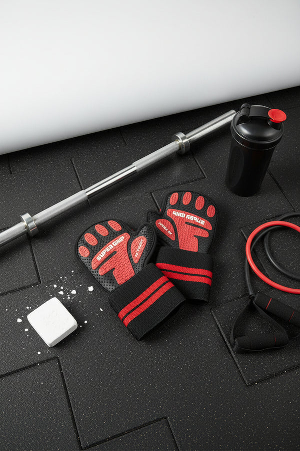 Leather gripping exercise gloves in red and silver shown together