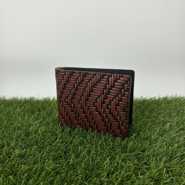 Patterned leather bifold wallet, front view