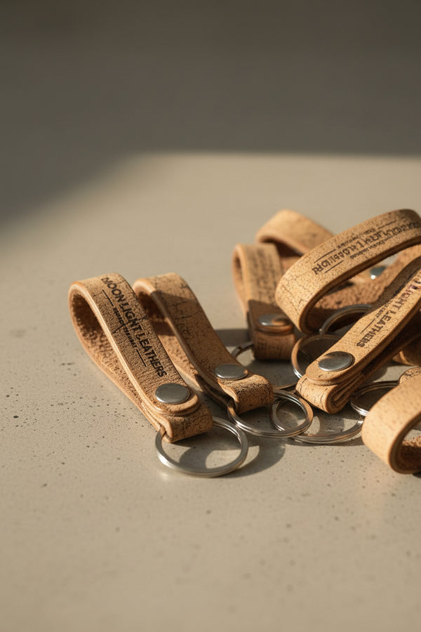 Close-up of leather loop keychain stitching and clasp