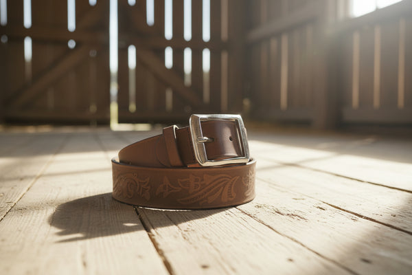 Leather design belt buckle detail shot
