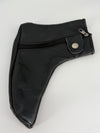 Close-up of black leather shoe cover texture, stitching, zipper, and closure