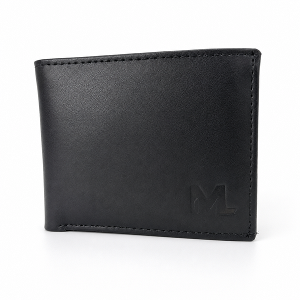 Black leather bifold wallet with subtle embossed Moonlight Leathers logo