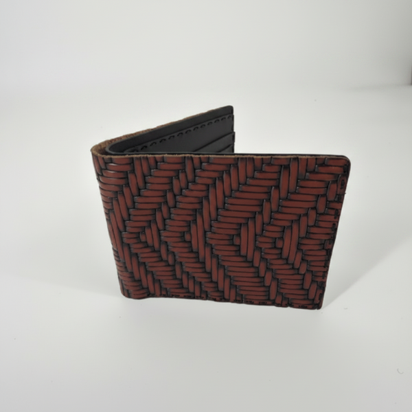 Patterned genuine leather bifold wallet in a clean premium product presentation