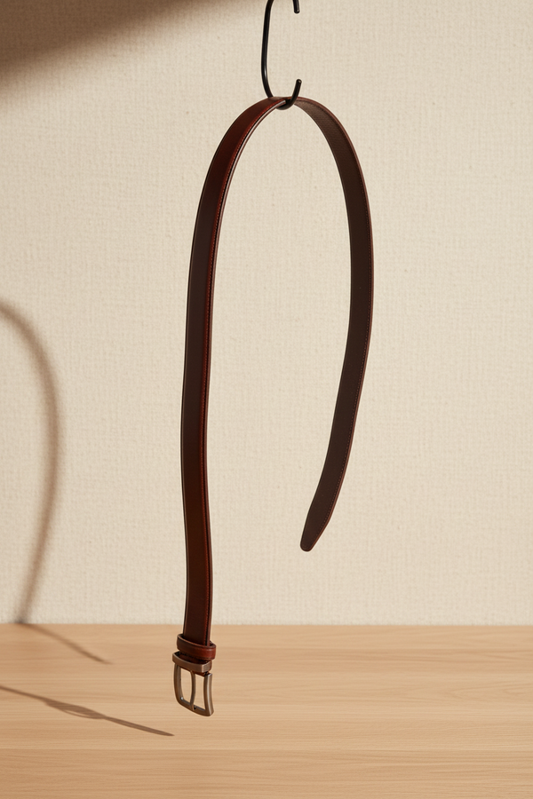 Reversible black and brown leather belt with rotating buckle in a clean product presentation