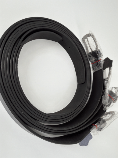 Black split leather belt with polished buckle on a clean studio background