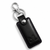 Black leather rectangular keychain with purple stitching and silver hardware