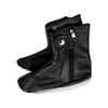 Pair of black leather shoe covers with side zipper and snap closure on white background