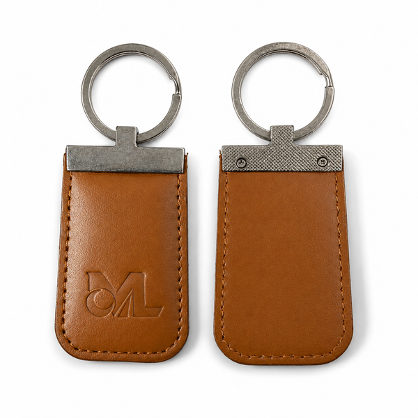 Tan leather rectangular keychain, front and back view on white background